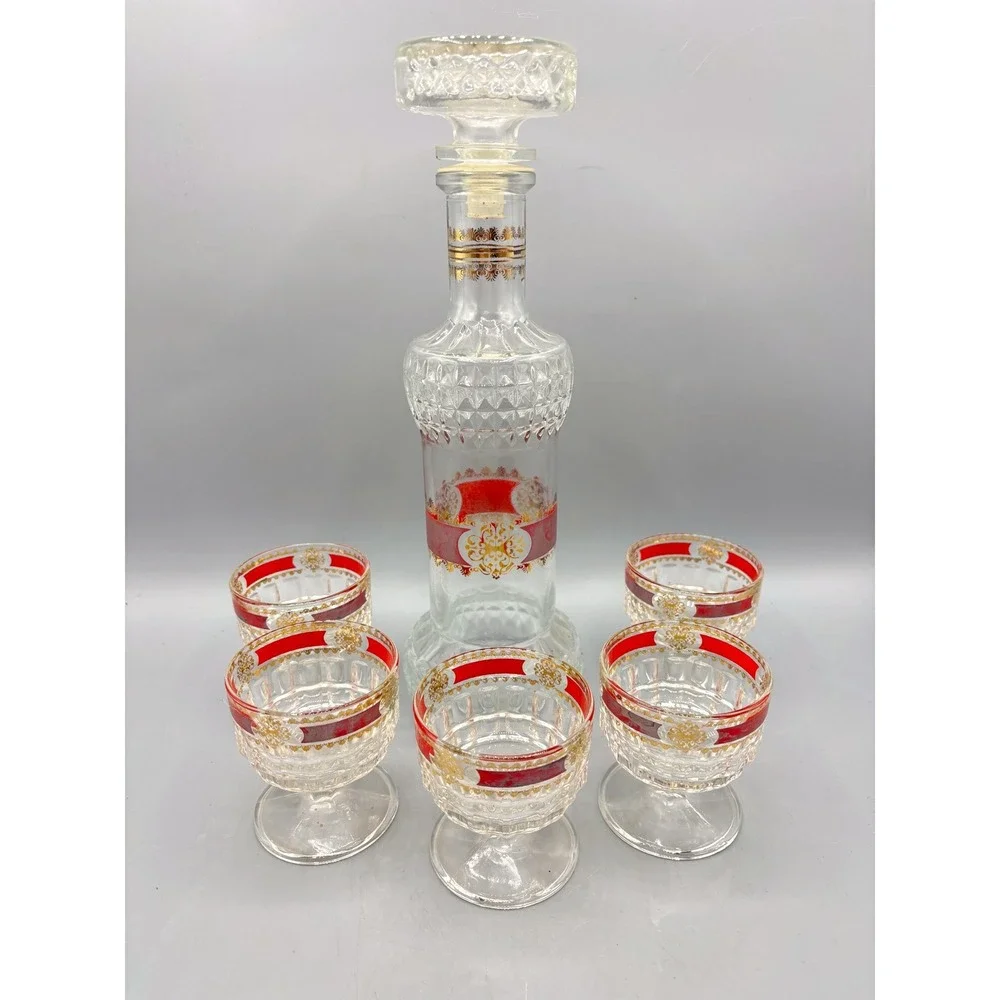 Vintage Red‎ Gold Filigree Glass Decanter Set with 5 Cordial Glasses Bar EMPTY